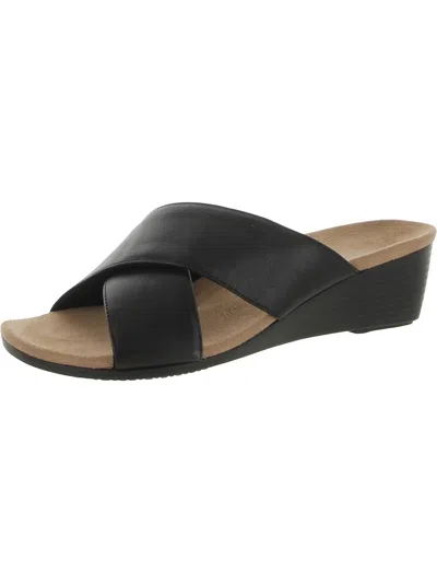 Vionic Kara Womens Leather Slip On Wedge Sandals In Black