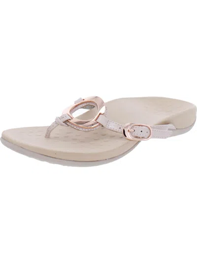 Vionic Karina Womens Patent Leather Slip On Thong Sandals In Beige