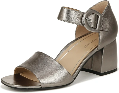 Pre-owned Vionic Women's Chardonnay Ankle Straps Heeled Sandal In Pewter Metallic Leat