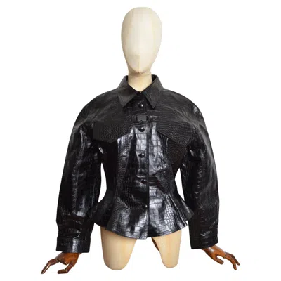 Pre-owned Virgil Abloh Fall 2018 Off White C/o  Crocodile Leather Structured Black Jacket