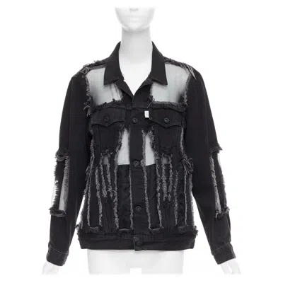 Pre-owned Virgil Abloh Off White Black Denim Organza Mesh Panel Frayed Jacket Xs