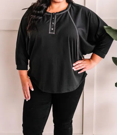 Vision Dolman Sleeve Button Henley Top In Deep Montana Midnight In Black
