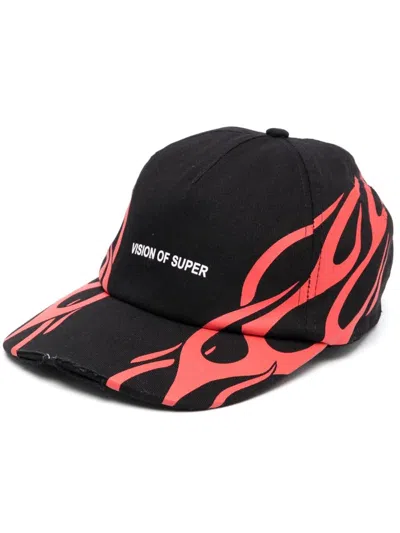 Vision Of Super Black Cap With Red Tribal Print In Black Red
