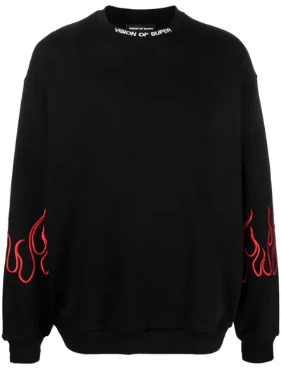 Vision Of Super Black Crewneck With Red Embroidered Flames