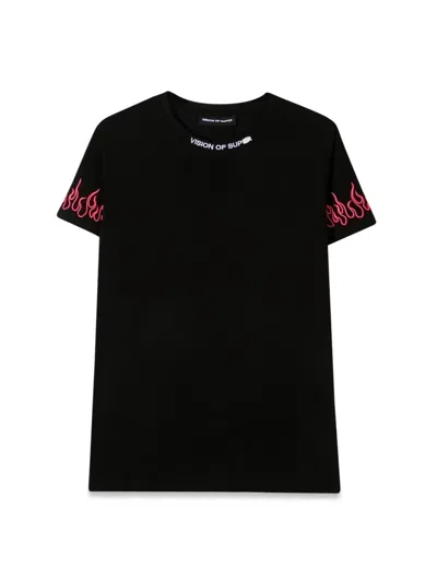 Vision Of Super Kids' Black Embroidered Tshirt Fuchsia Flame