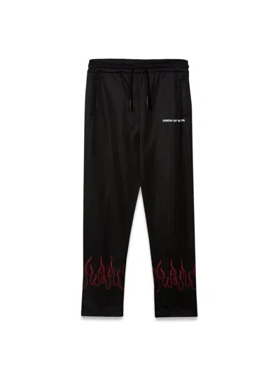 Vision Of Super Kids' Black Pants With Red Embroidered Flames
