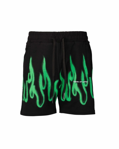 Vision Of Super Black Shorts With "green Spray Flames" Print