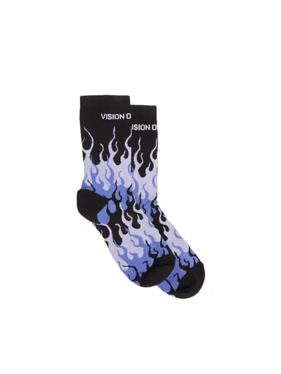 VISION OF SUPER BLACK SOCKS WITH PURPLE FLAMES AND WHITE LOGO