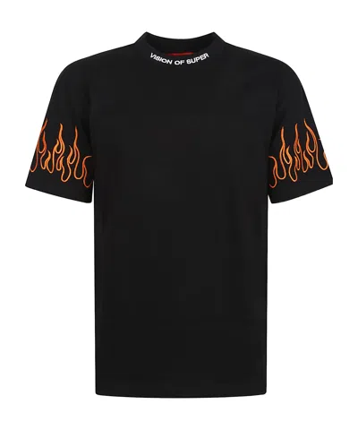 Vision Of Super Black T-shirt With Embroidered Orange Flames And White Logo