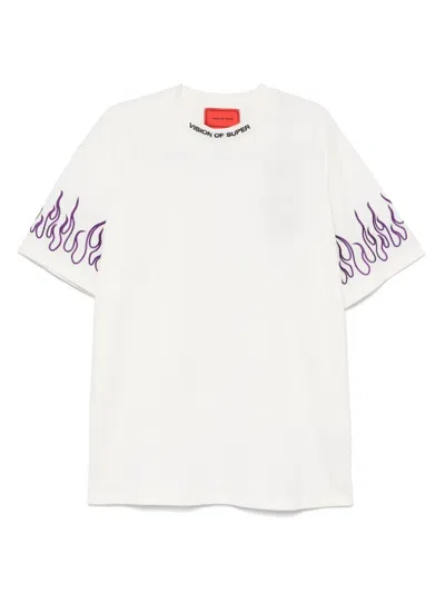 Vision Of Super T-shirt With Embroidered Flames And Logo In White