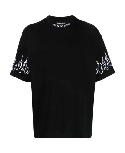Vision Of Super Flame-embroidered Short-sleeve Cotton T-shirt In Black