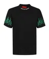 Vision Of Super Black T-shirt With Embroidered Green Flames And White Logo In Black