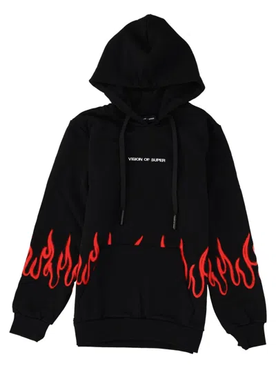 Vision Of Super Kids Unisex Cotton Hoodie With Red Spray Flame Print In Black