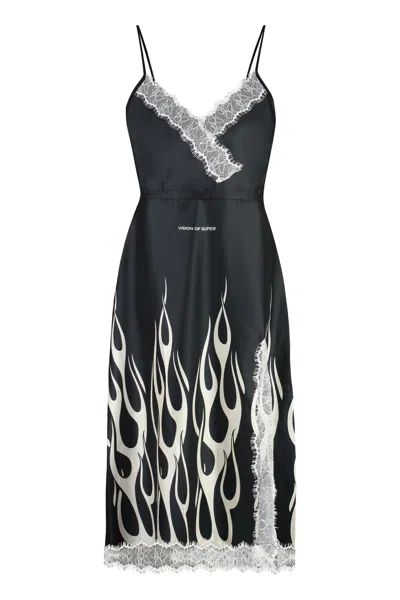 Vision Of Super Lace Trim Midi Dress In Black