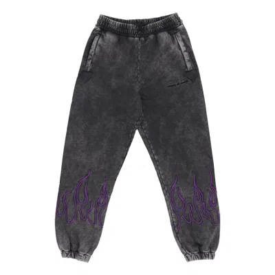 Vision Of Super Men's Fleece Tracksuit Pants Embroidered Flames Pants Grey/purple