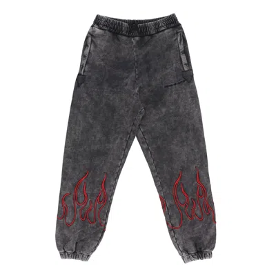 Vision Of Super Men's Fleece Tracksuit Pants Embroidered Flames Pants Grey/red