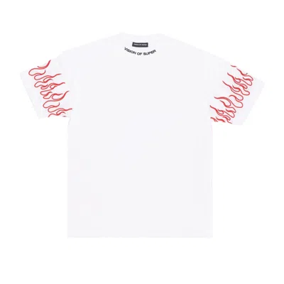 Vision Of Super Men's T-shirt Embroidered Flames Tee White/red