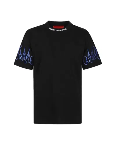 Vision Of Super Black T-shirt With Embroidered Blue Flames And White Logo
