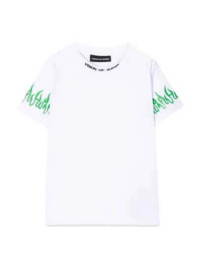 Vision Of Super Kids' T-shirt With Green Spray Flames In White