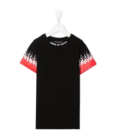 Vision Of Super Teen Flame-print Short-sleeved T-shirt In Black