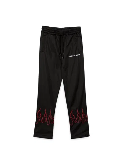 Vision Of Super Unisex Kids Mini Pants With Embroidered Flames In Black