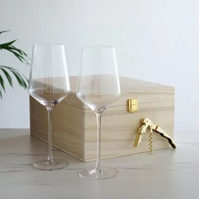 Viski Crystal Bordeaux Glasses & Gold Corkscrew Gift Box Set In Clear