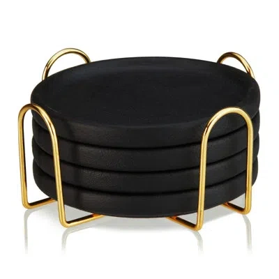 Viski Earthenware Coasters With Stand In Black