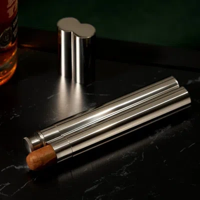 Viski Harrison Stainless Steel Cigar Holder And Flask In Silver