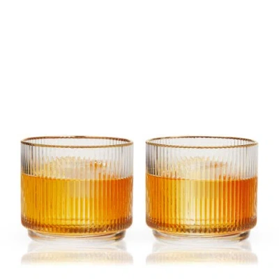 VISKI VISKI MERIDIAN CRYSTAL GOLD RIMMED LOWBALL TUMBLERS SET OF 2
