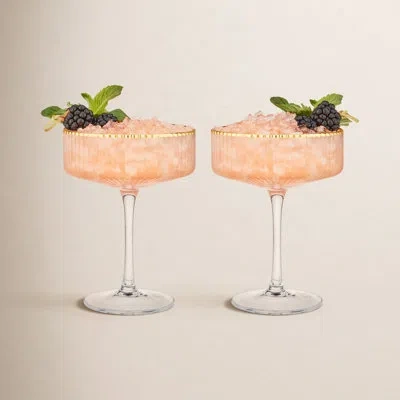 Viski Meridian Vintage Coupe Glasses, Art Deco Champagne Coupe Glassware, Gold Rimmed Stemmed Drinkware In Clear