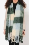 Vismaya Buffalo Check Wool Blend Fringe Scarf In Green
