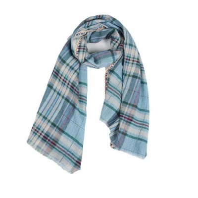 Vismaya Cabin Morning Plaid Wool Scarf In Blue