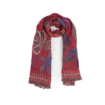 Vismaya Canyon Petal Embroidered Scarf In Red