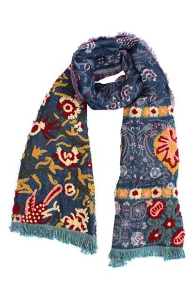 Vismaya Embroidered Cotton & Wool Fringe Scarf In Blue