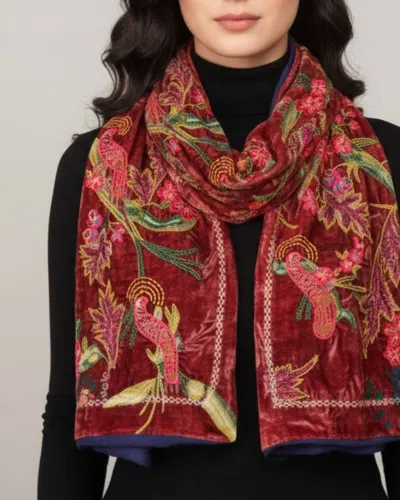 Vismaya Enchanted Garden Velvet Scarf In Maroon In Multi