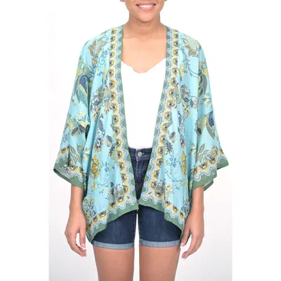 Vismaya Floral Border Ruana In Sky Blue