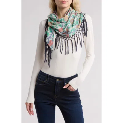 Vismaya Floral Print Tassel Cotton Scarf In Light Green Multi