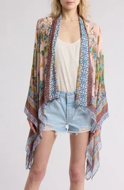 Vismaya Geometric Border Floral Print Ruana In Light Pink