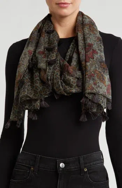 Vismaya Leopard Print Woven Scarf In Grey Mustard