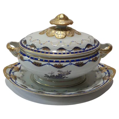 Pre-owned Vista Alegre 20th Century  "fontainebleu" Hand-painted Porcelain Sauce Tureen In Gray