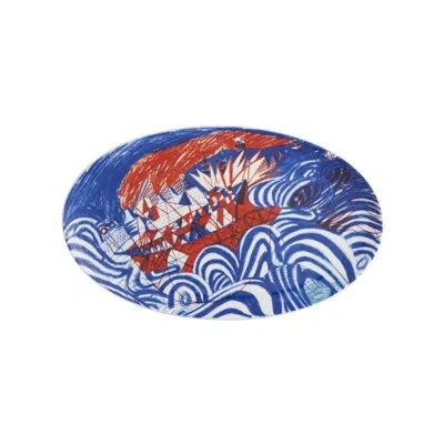 Vista Alegre 2i - Ilustradores Internacionais Porcelain Oval Contemporary Decorative Plate In Blue/red In Blue,red