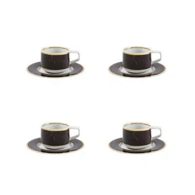 Vista Alegre Carrara 4 Piece Teacup & Saucer Set In Black;white