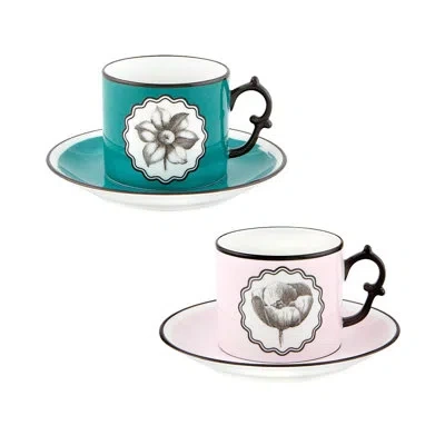 Vista Alegre Herbariae 2 Piece Teacup & Saucer Set In Black;white;pink;aqua