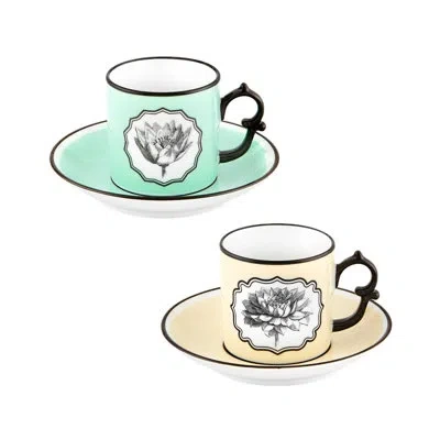 Vista Alegre Herbariae 4-piece Coffee Mug And Saucer Set In Black;white;green;yellow