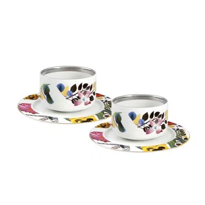 Vista Alegre Primavera 4 Piece Teacup And Saucer Set In Yellow;pink;silver