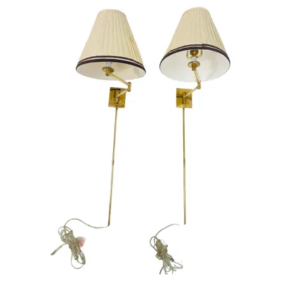 Pre-owned Visual Comfort Pair Of  Brass Swing-arm Plug-in Wall Sconces In Sand