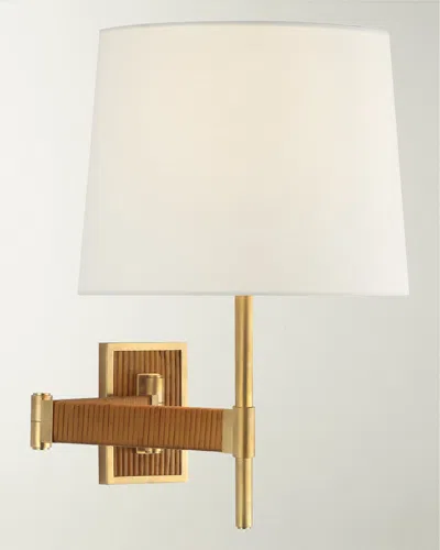 Visual Comfort Signature Elle Swing Arm Sconce In Hand-rubbed Antique Brass And Dark Rattan With Linen Shade By Suzanne Kasle