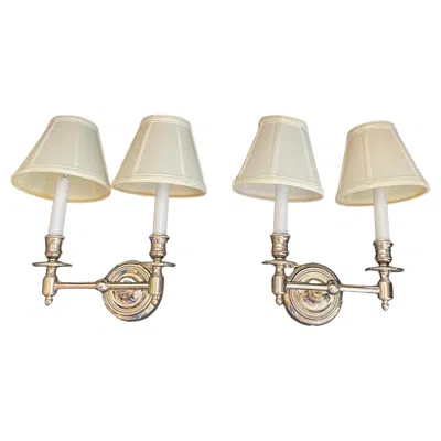 Pre-owned Visual Comfort Wonderful Set 4  Double French Polished Nickel Wall Sconces Shades In Sand