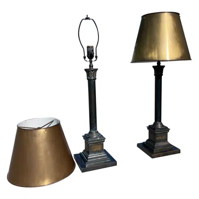 Pre-owned Visual Comfort S Patinated Bronze Neo Classical Empire Brass Shade Table Lamps In Black