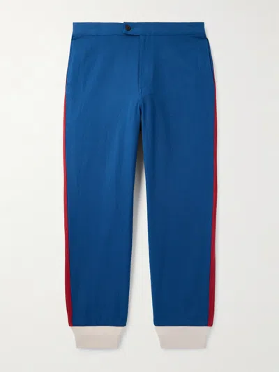Visvim Bertone Tapered Grosgrain-striped Cotton-twill Trousers In Blue